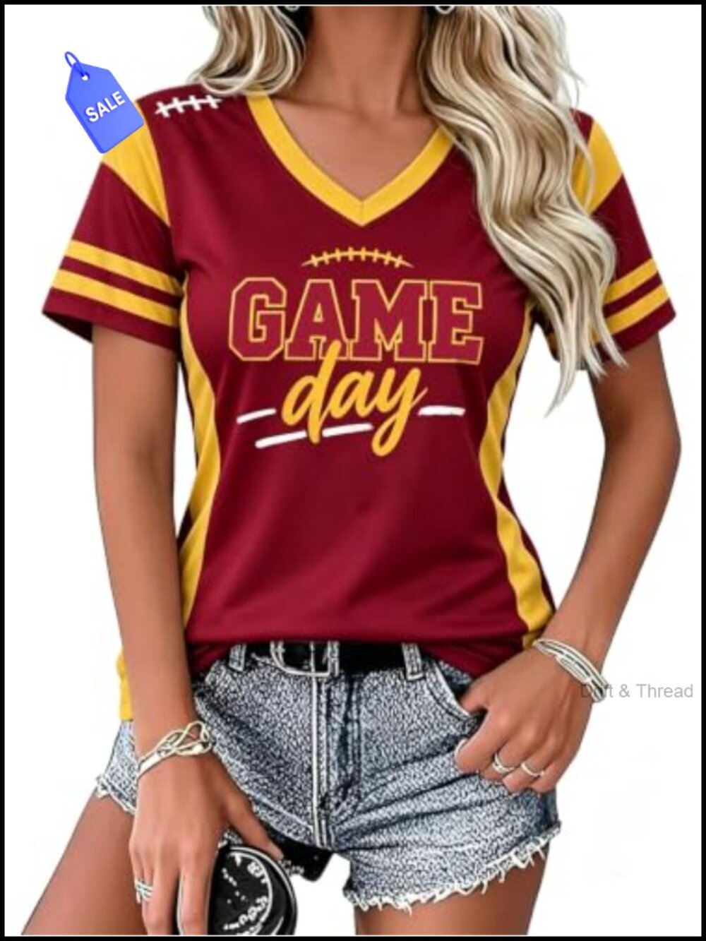 Women's V-Neck Game Day Football T-Shirt Mesh Jersey Tee